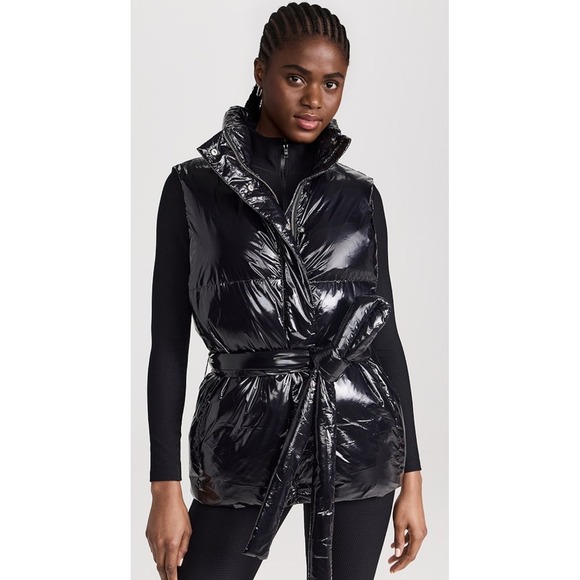 YEAR OF OURS Black Patent Puffer Vest With Belt‎ Tie Neck Collar SmallNWT